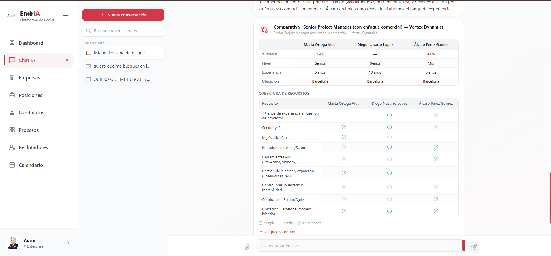 Chat IA: comparativa de candidatos y cobertura de requisitos