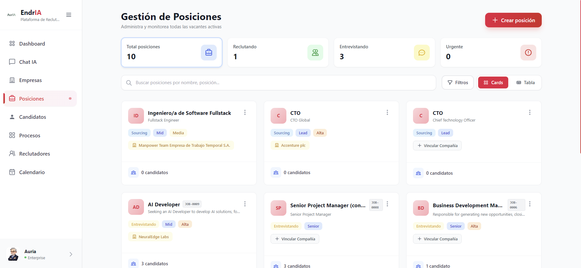 Gestión de posiciones con estados y empresas vinculadas