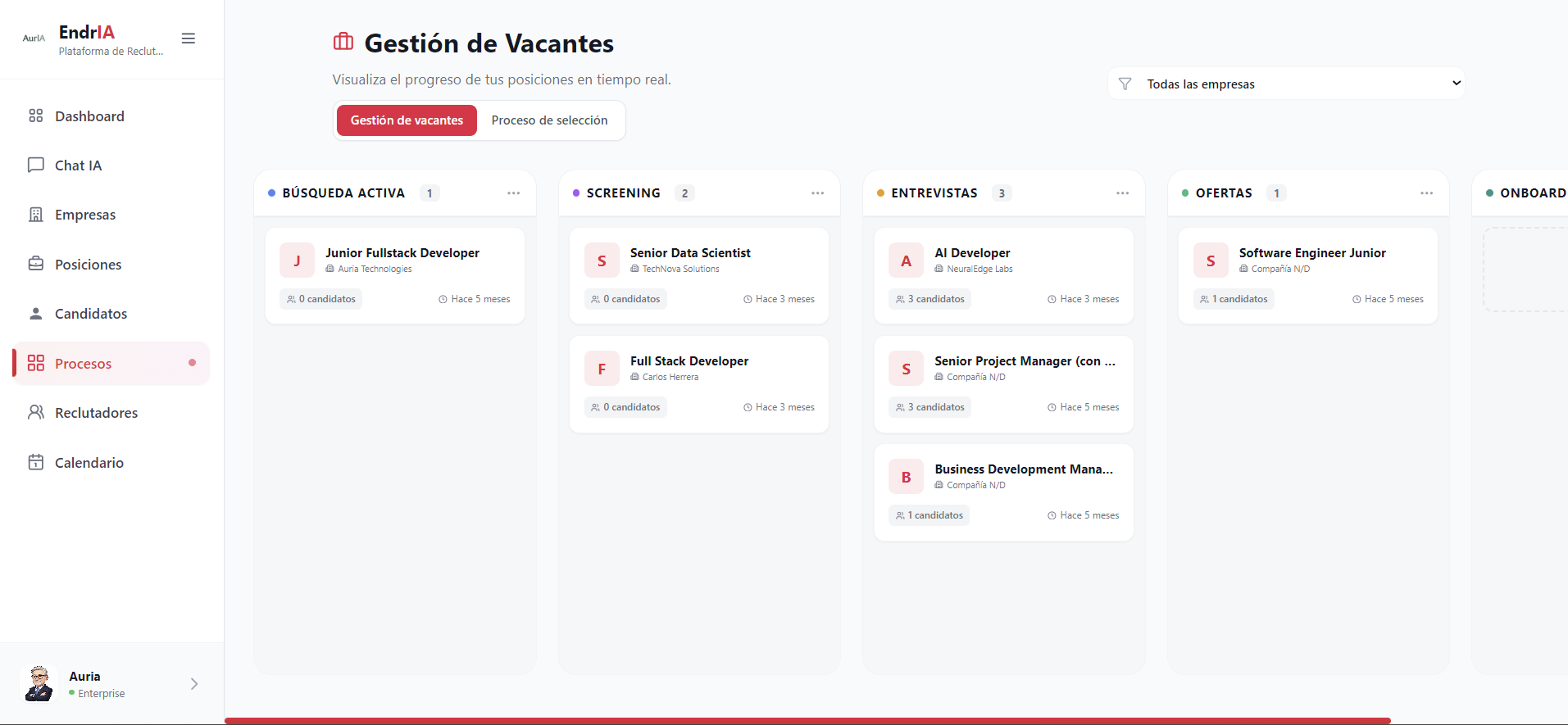 Gestión de vacantes en kanban por fase del proceso