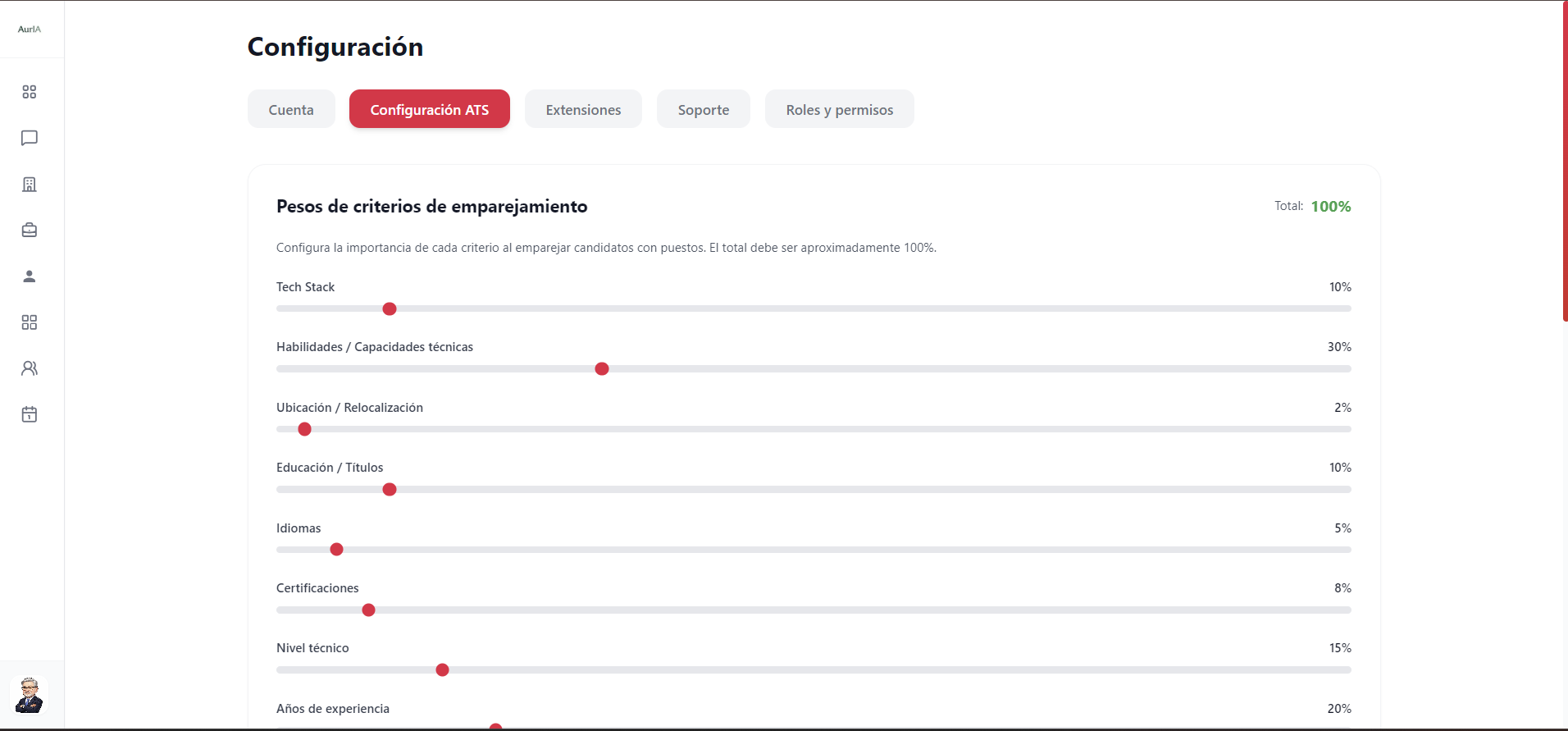 Configuración ATS: pesos de los criterios de emparejamiento