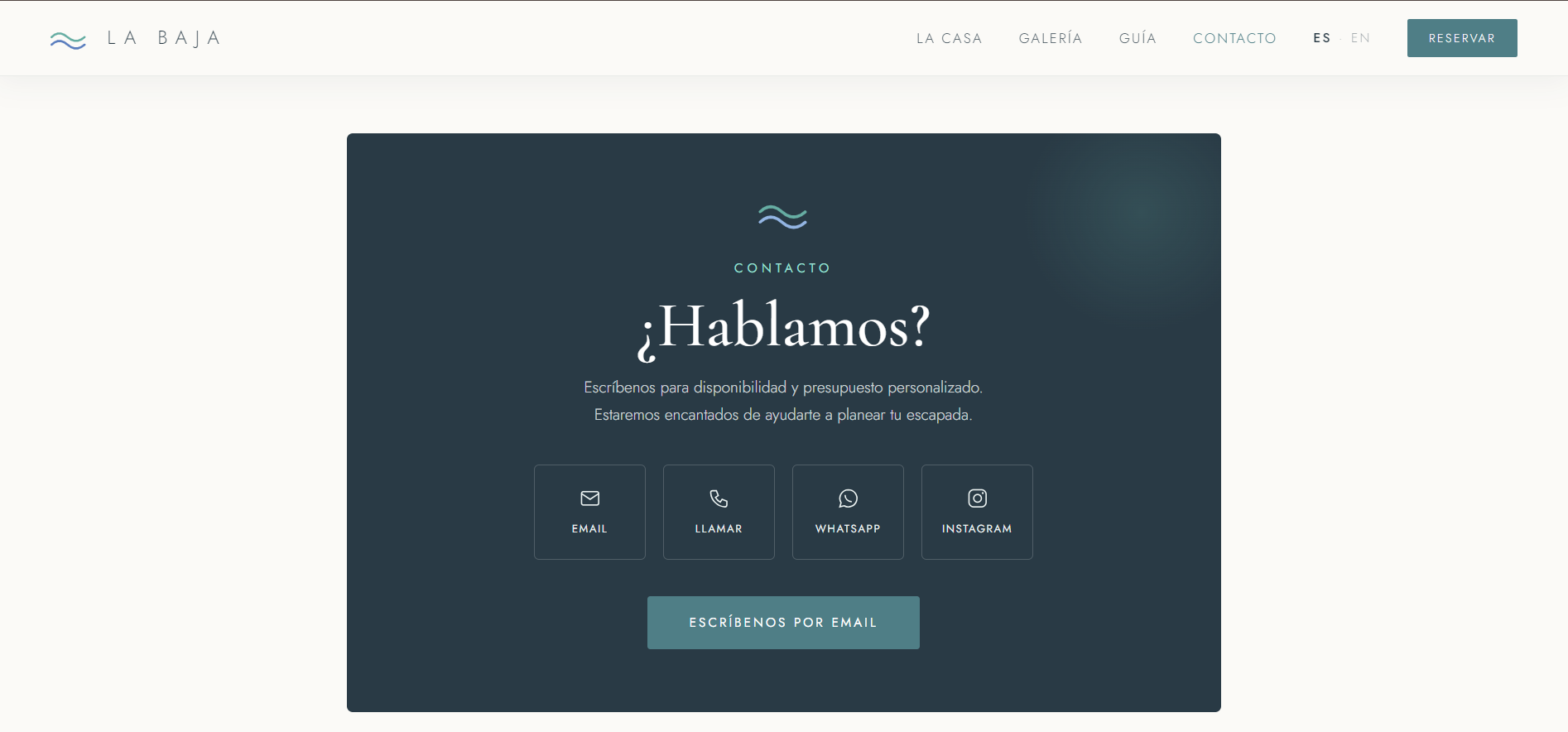 Contacto: email, teléfono, WhatsApp e Instagram